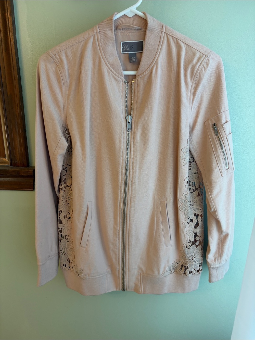 Chelsea28 Blush Pink Lace-Panel Bomber Jacket